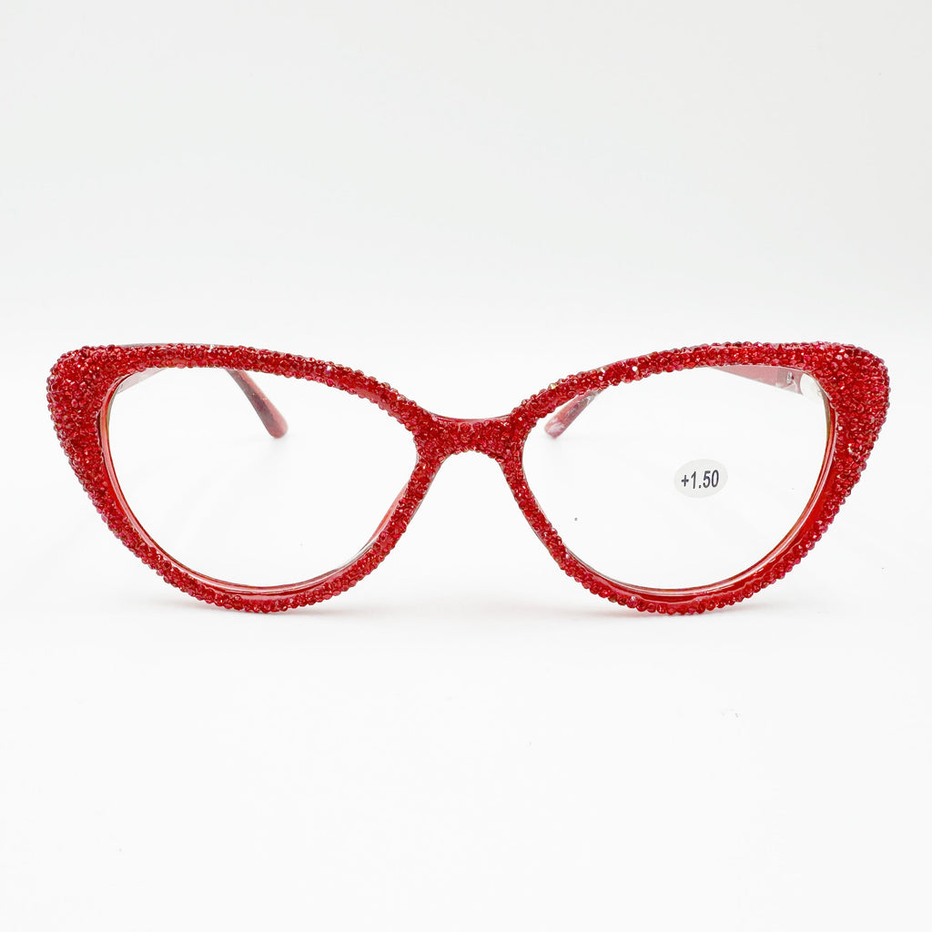 Handmade Rhinestone Cat Eye Reader Glasses G0399 - Red