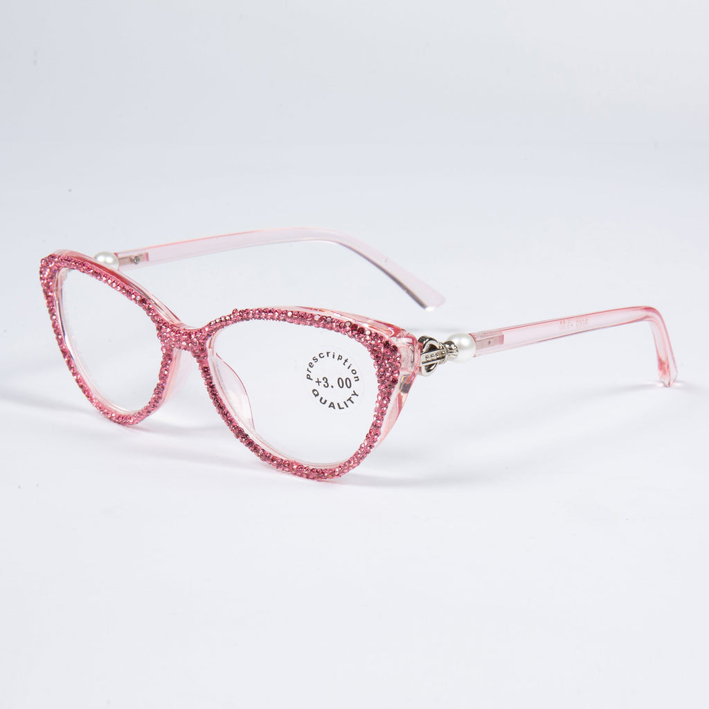Handmade Rhinestone Cat Eye Reader Glasses G0399-Rose Red