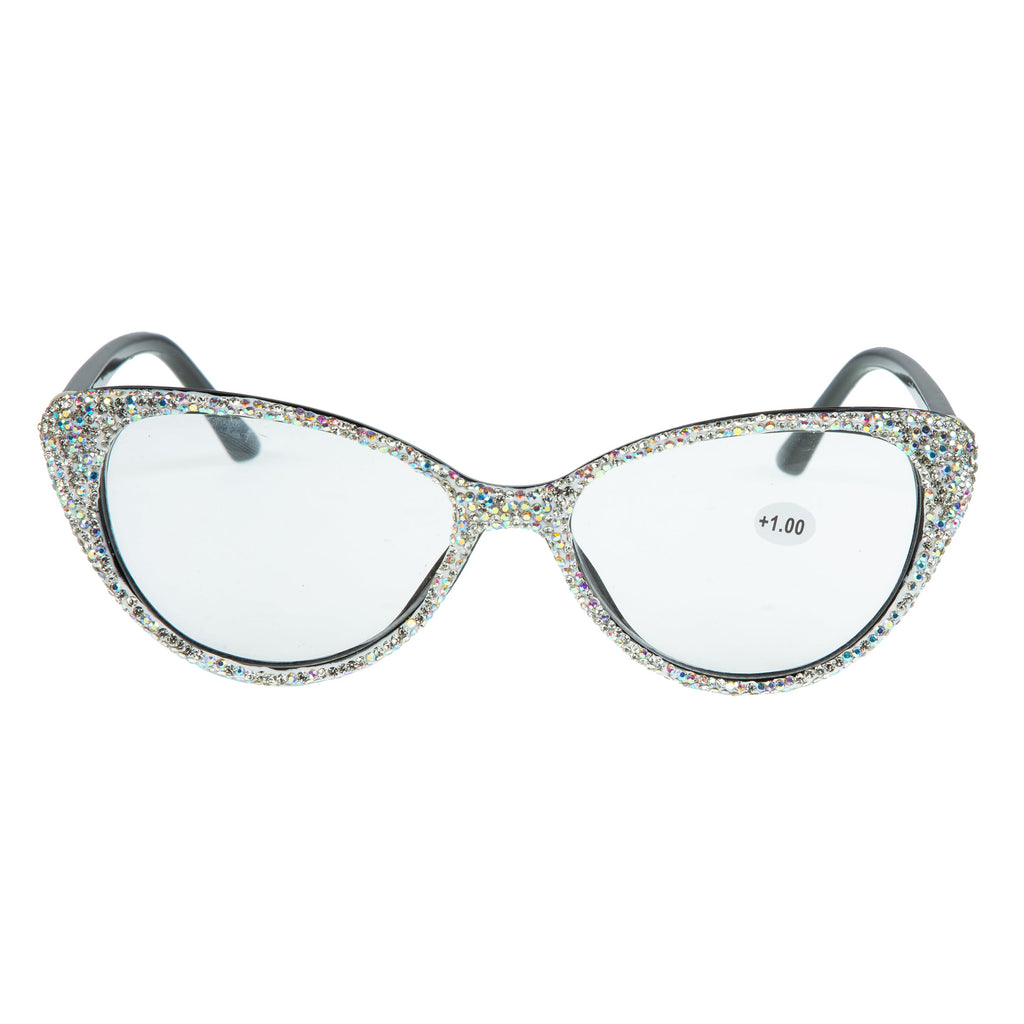 Handmade Rhinestone Cat Eye Reader Glasses G0399-Black-AB