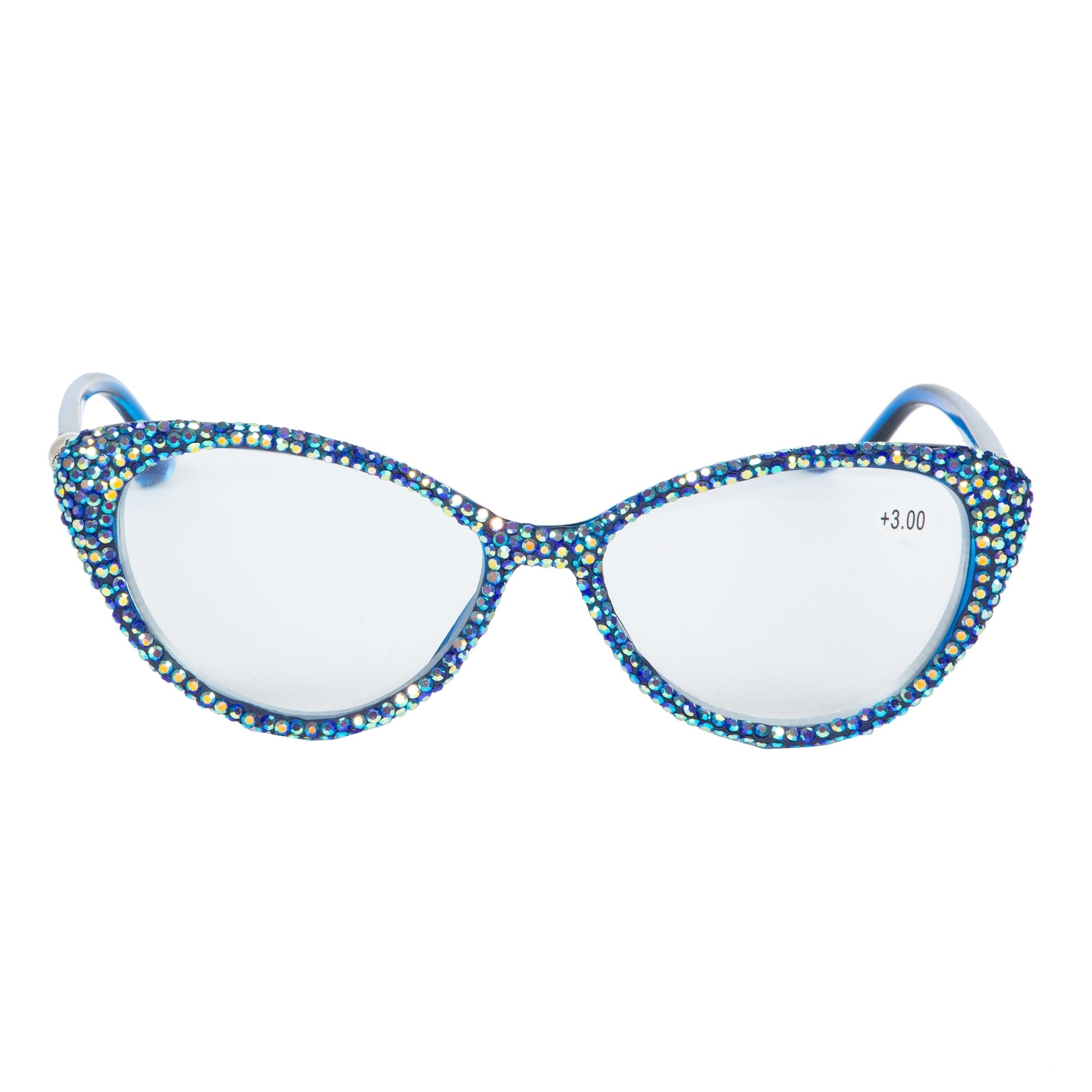 Handmade Rhinestone Cat Eye Reader Glasses G0399-Blue-AB