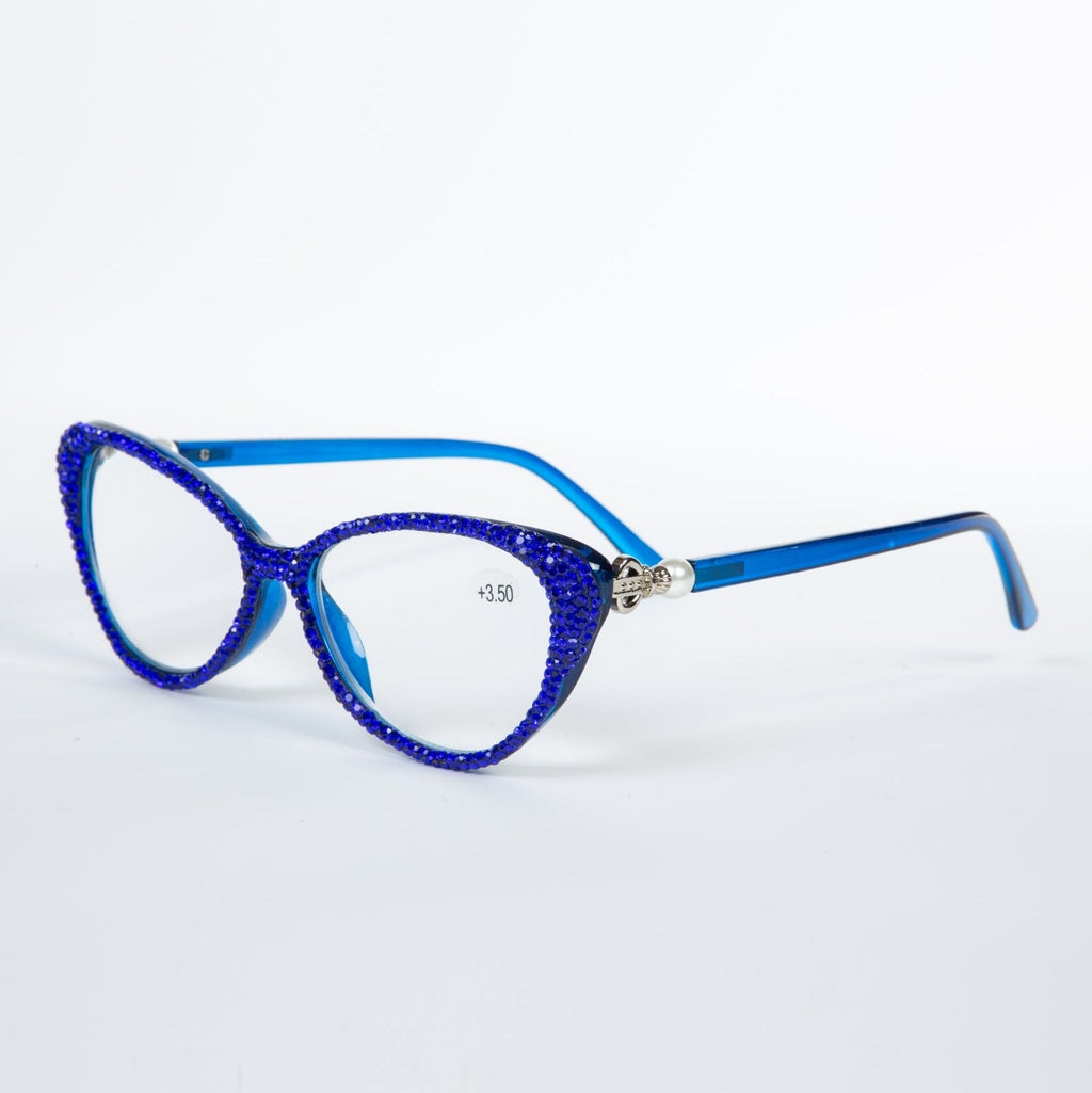 Handmade Rhinestone Cat Eye Reader Glasses G0399-Blue