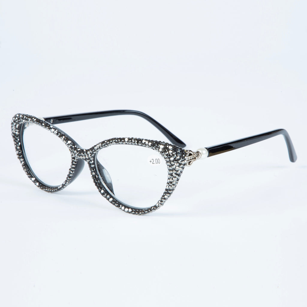 Handmade Rhinestone Cat Eye Reader Glasses G0399 - Gun Metal