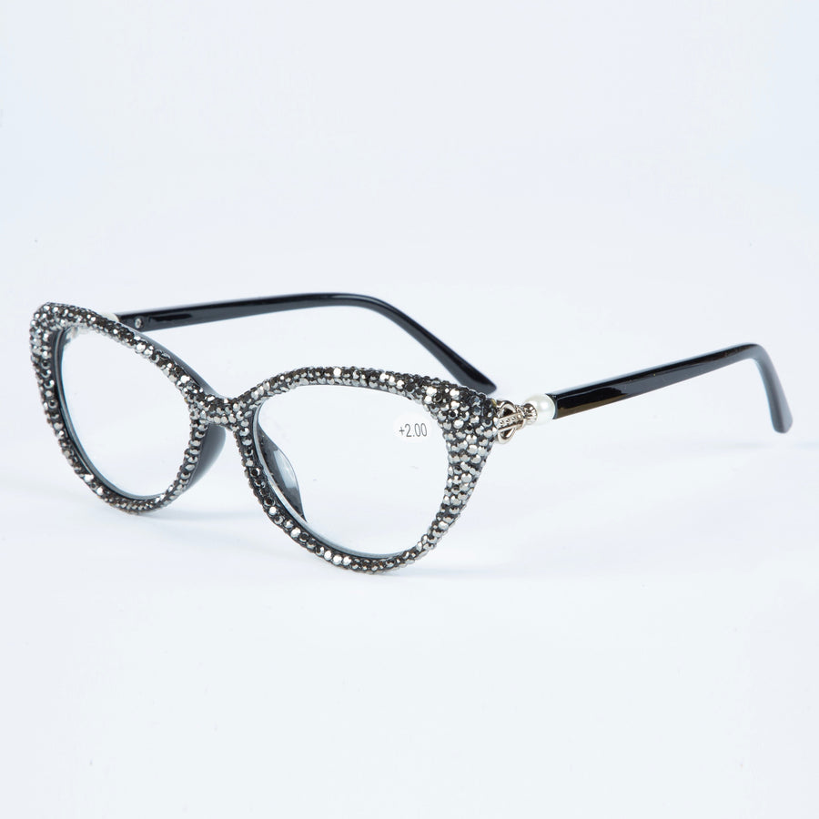 Handmade Rhinestone Cat-Eye Reader Glasses G0399 - Gun Metal