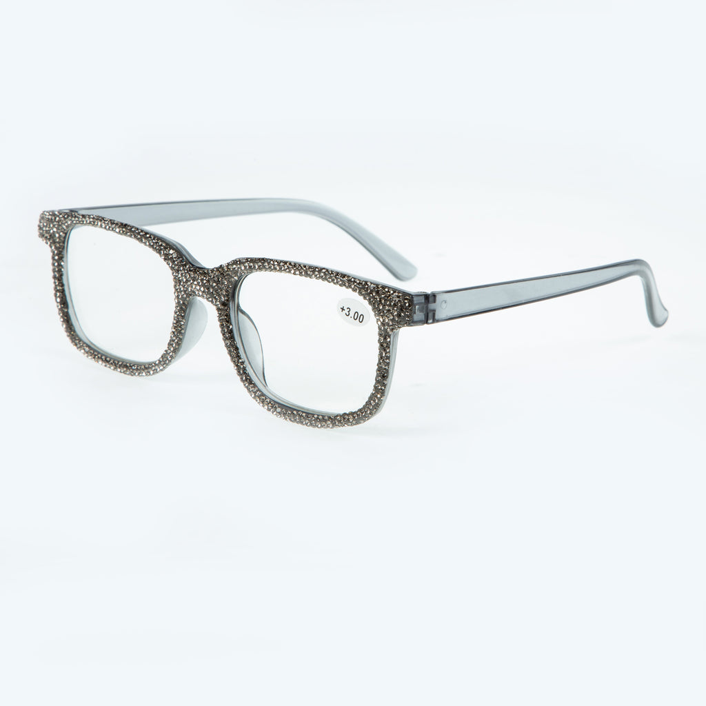Handmade Rhinestone Rectangle Reader Glasses G0444-Grey