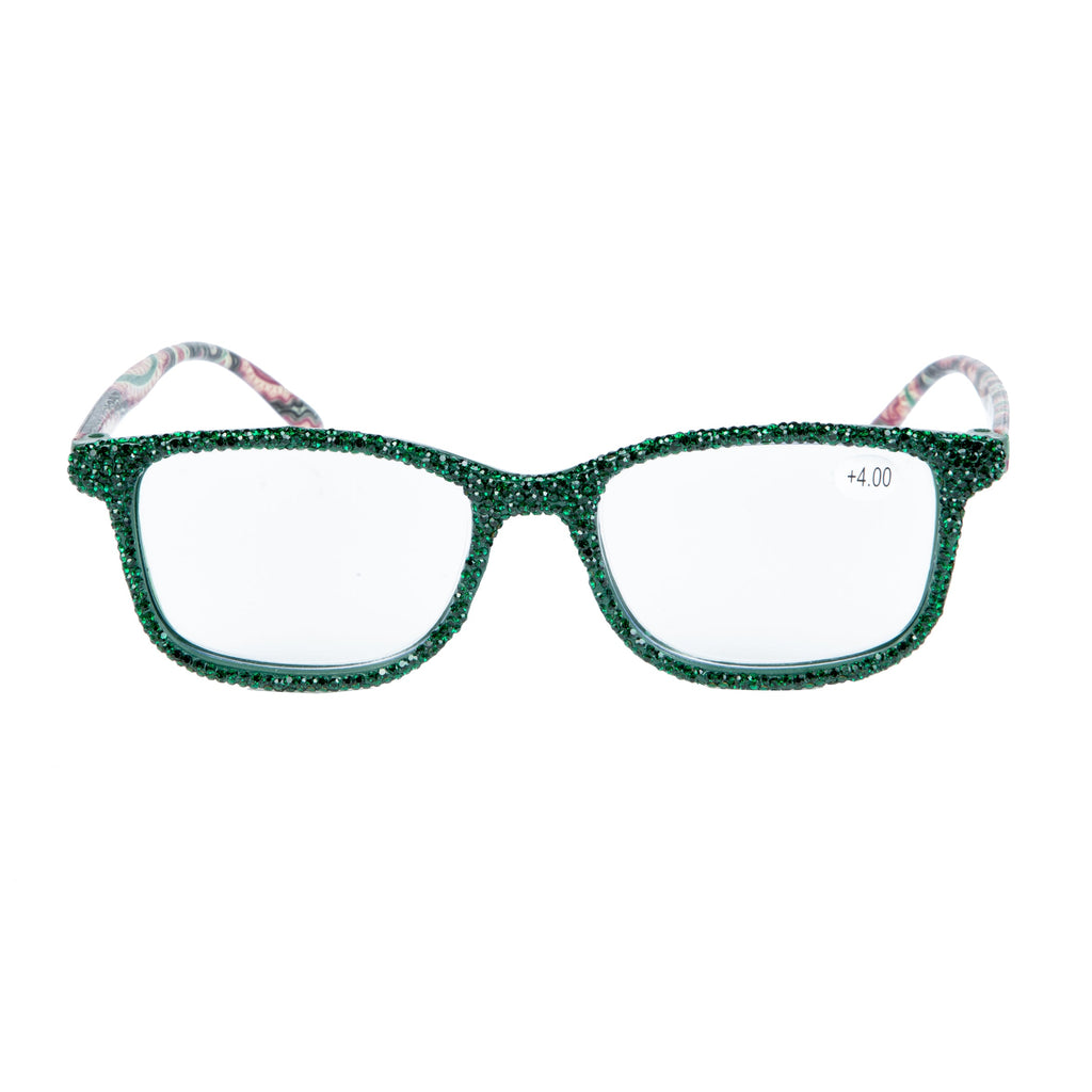 Handmade Rhinestone Rectangle Reader Glasses G0452-Green