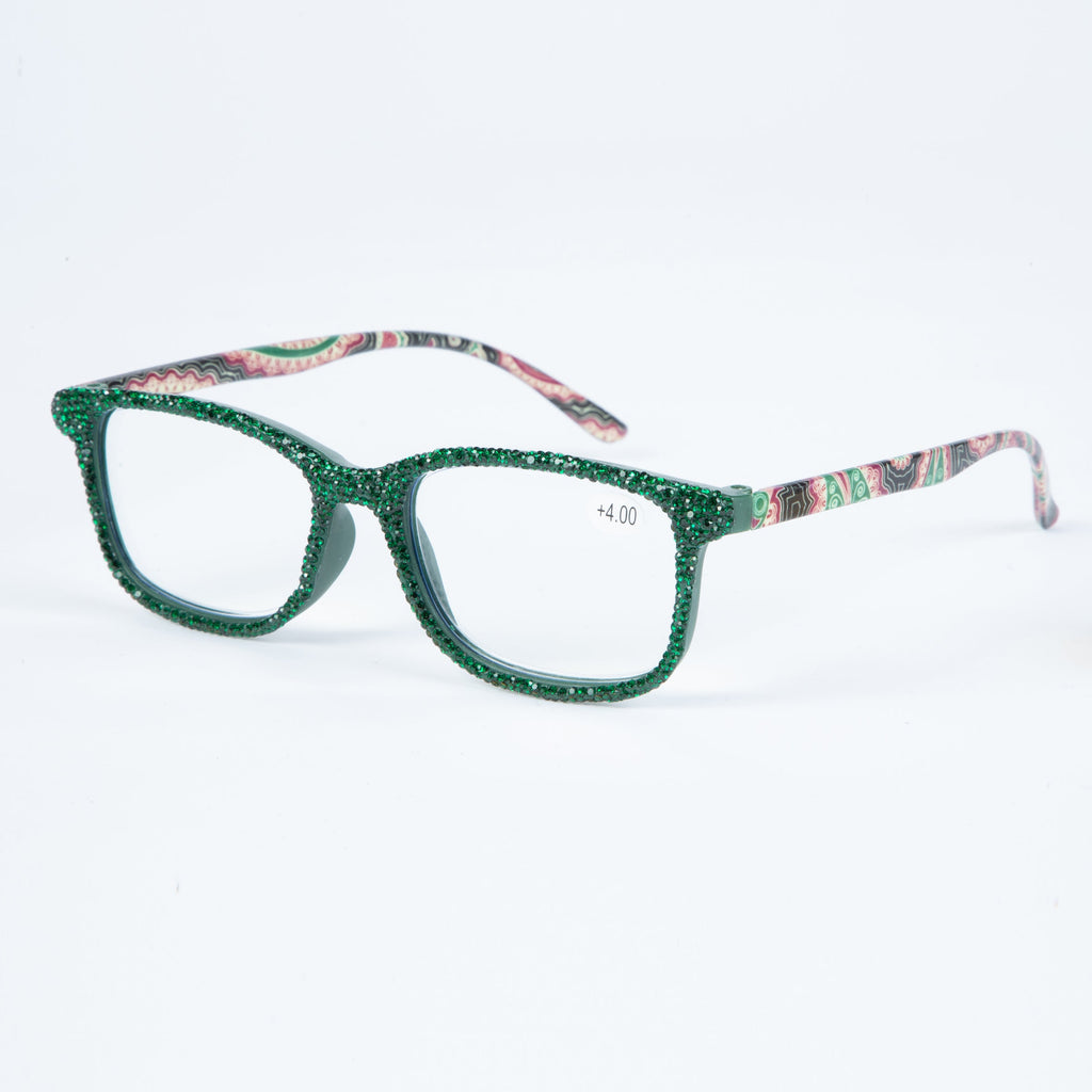 Handmade Rhinestone Rectangle Reader Glasses G0452-Green