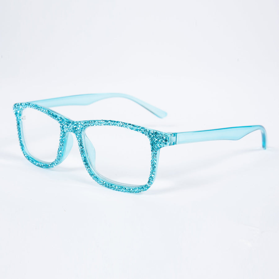 Handmade Rhinestone Rectangle Reader Glasses G0497-Light Blue