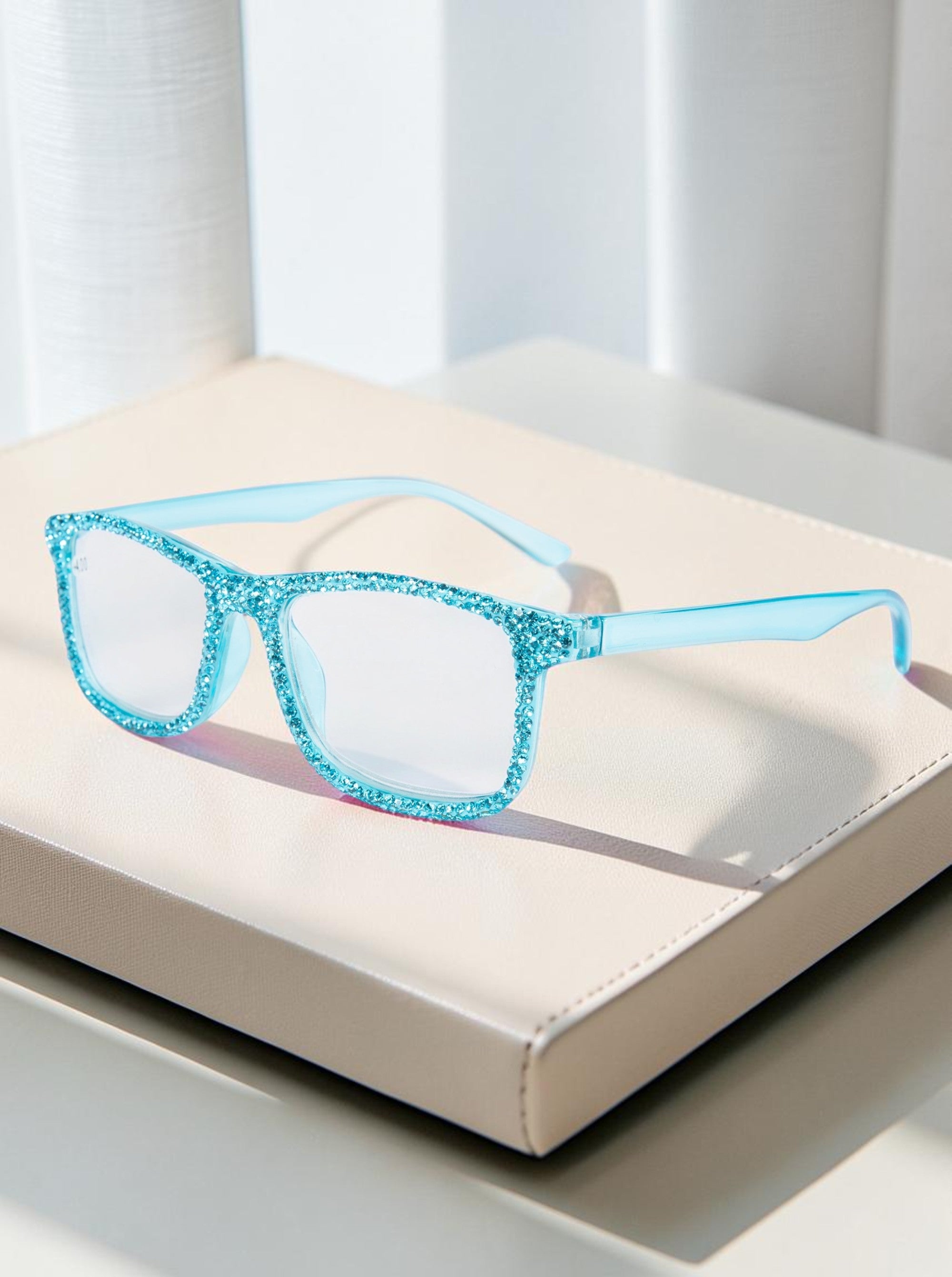 Handmade Rhinestone Rectangle Reader Glasses G0497 - Light Blue
