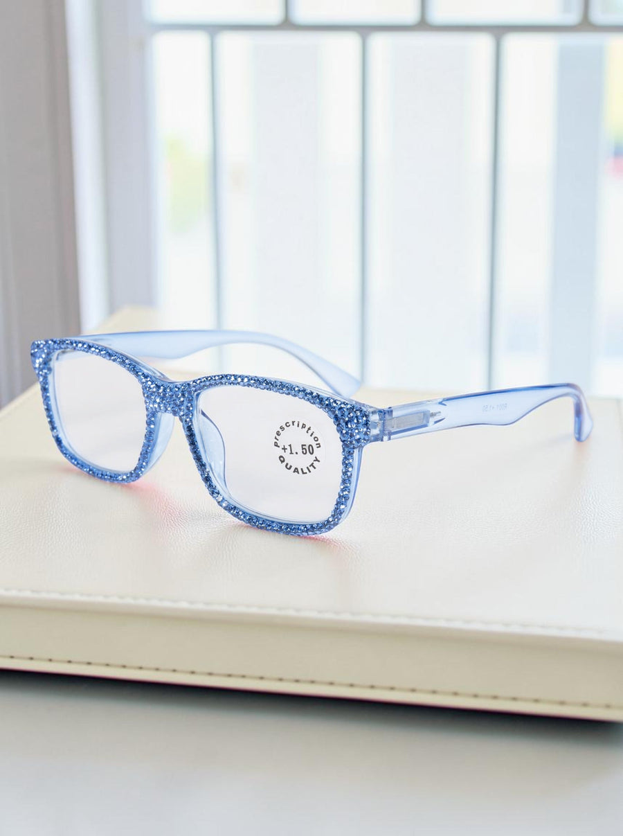 Handmade Rhinestone Rectangle Reader Glasses G0540-Blue