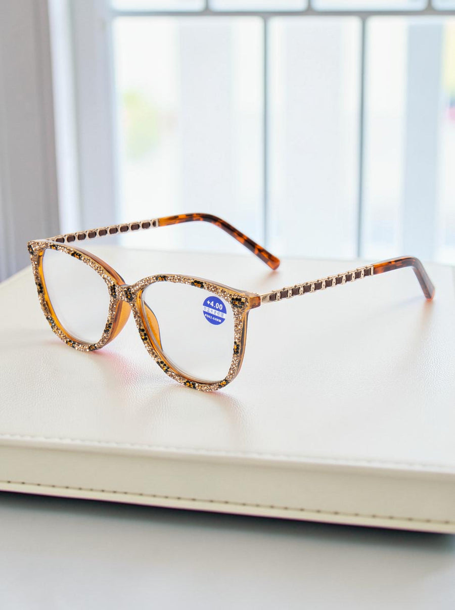 Handmade Rhinestone Rectangle Reader Glasses G0541-Brown