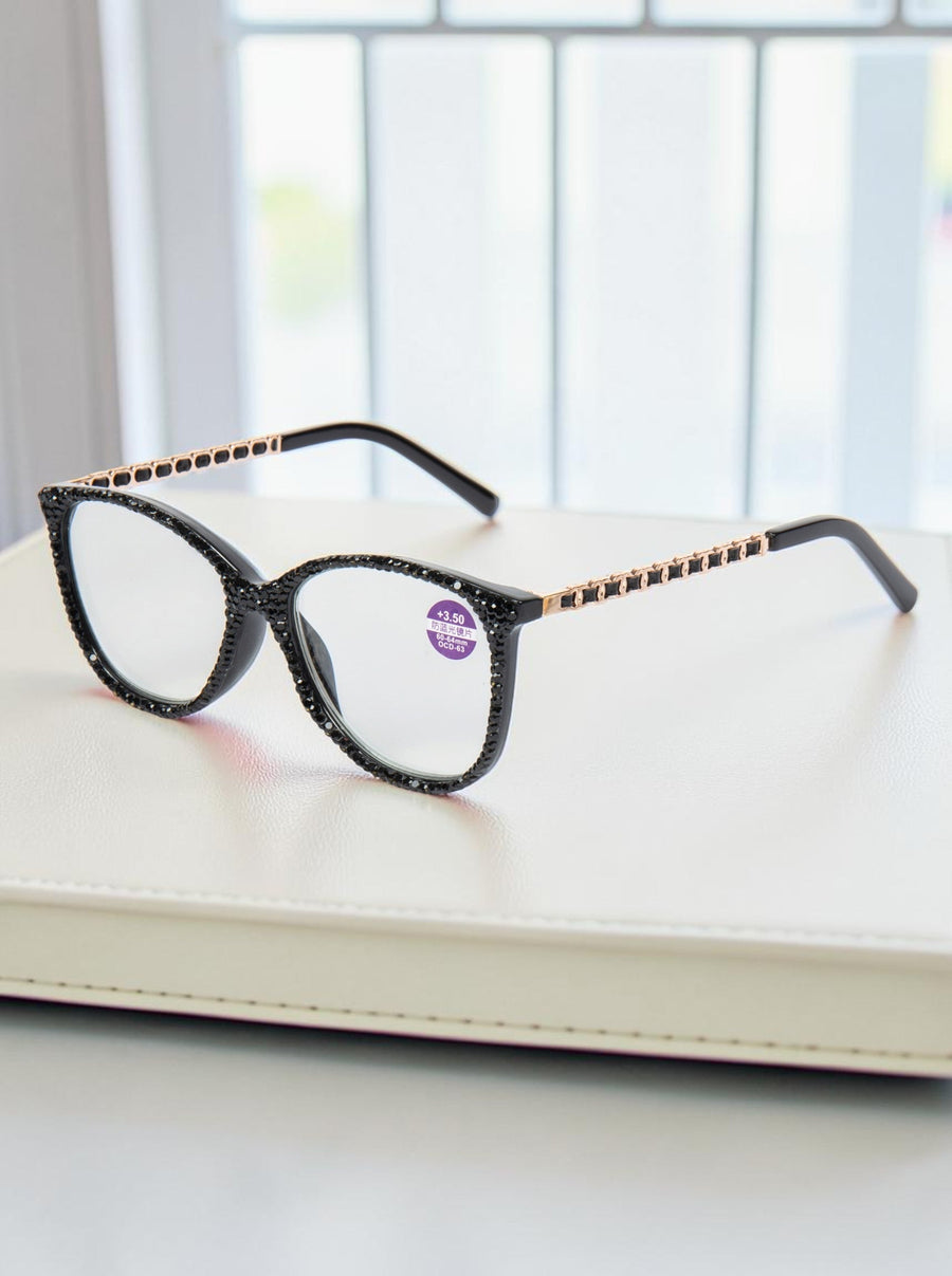 Handmade Rhinestone Rectangle Reader Glasses G0542-Black