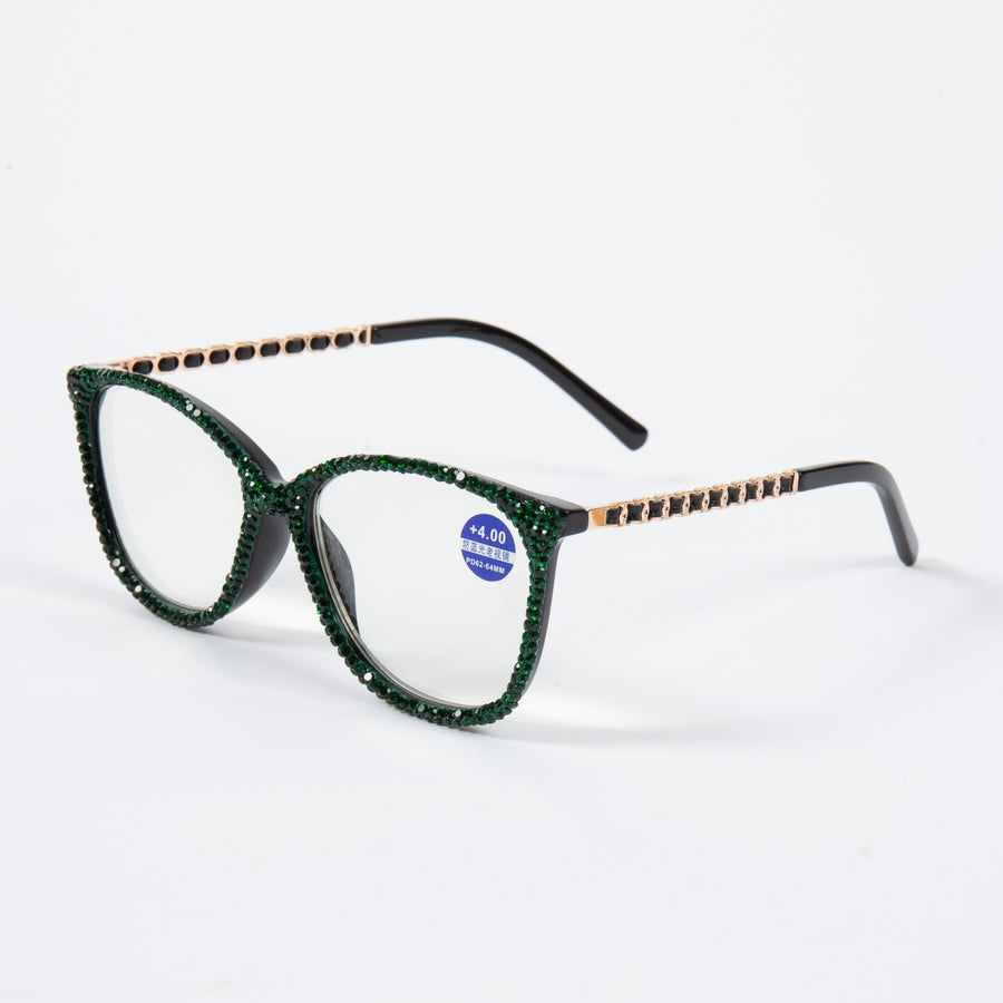 Handmade Rhinestone Rectangle Reader Glasses G0542-Green
