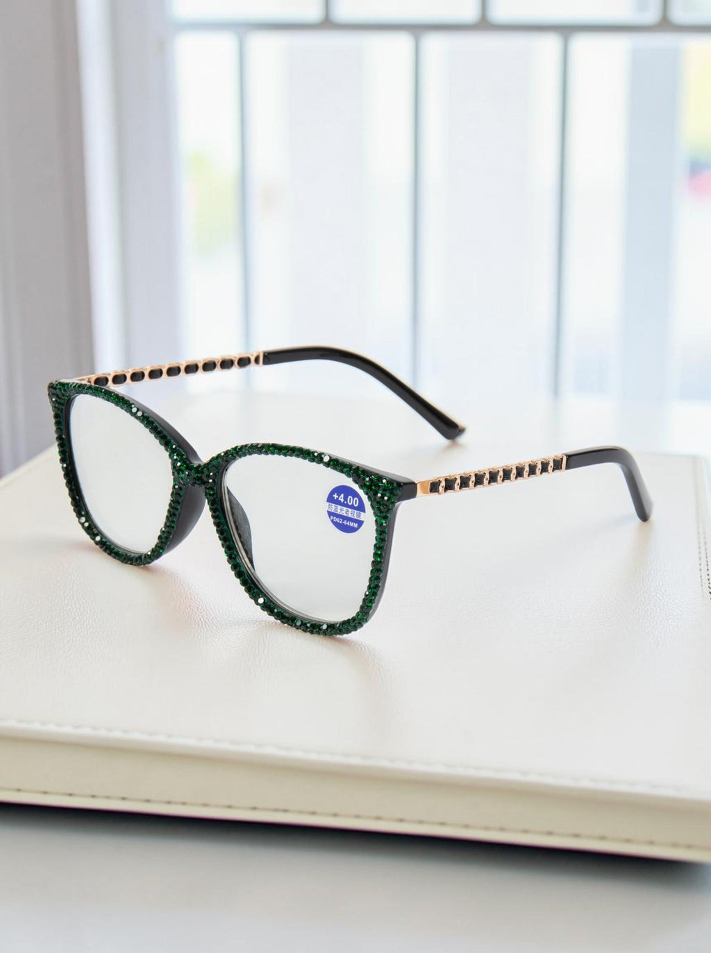 Handmade  Rhinestone Rectangle Reader Glasses G0542 - Green