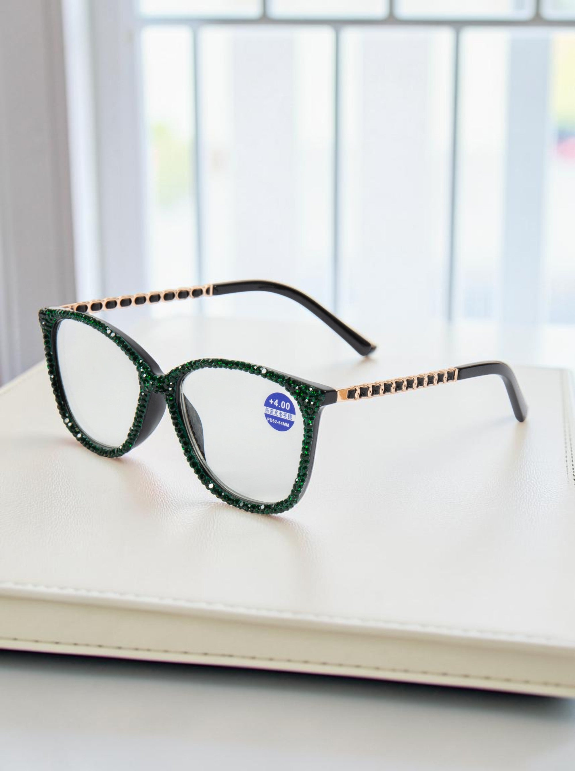 Handmade  Rhinestone Rectangle Reader Glasses G0542 - Green