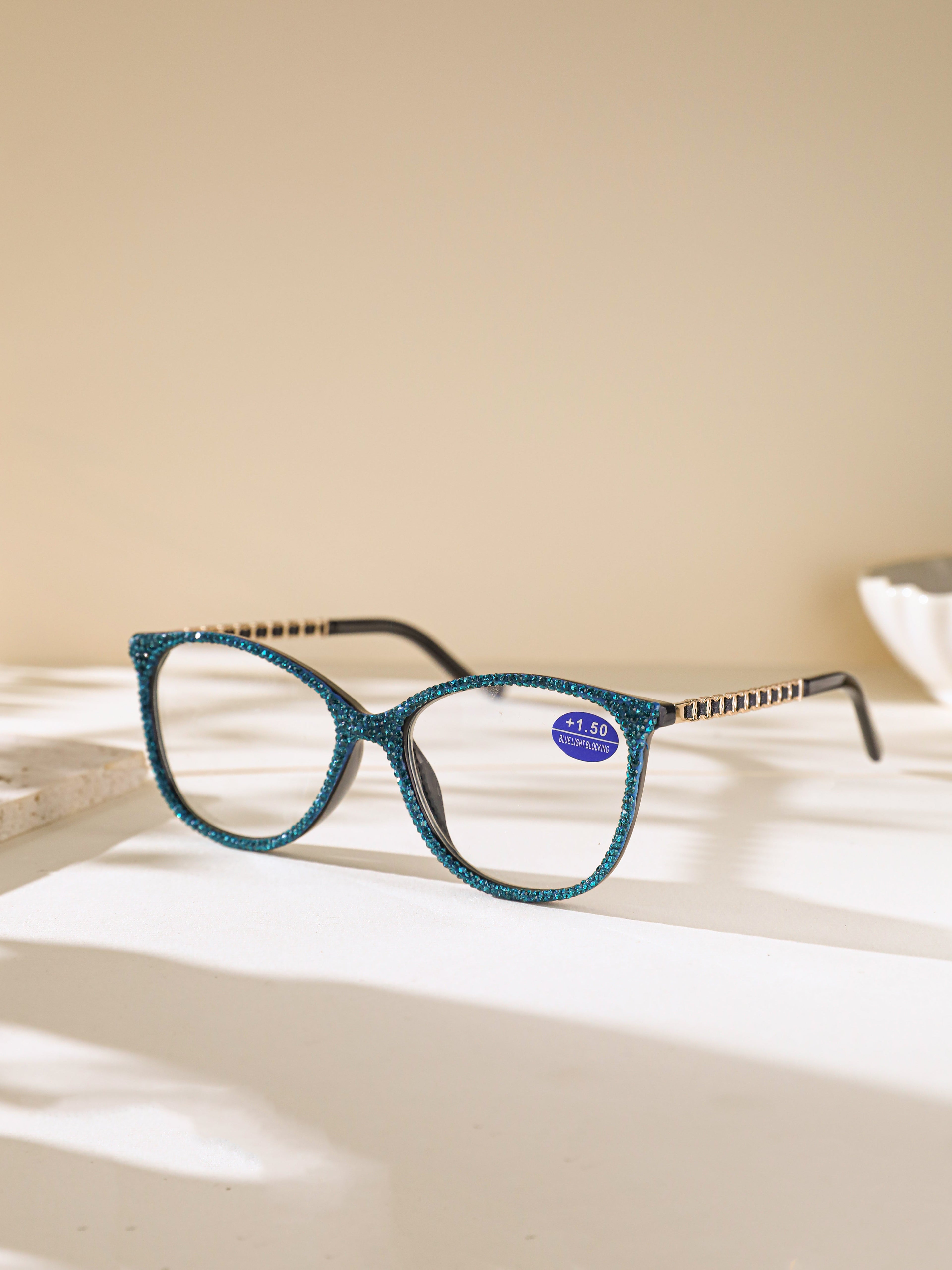 Handmade  Rhinestone Rectangle Reader Glasses G0542 - Blue