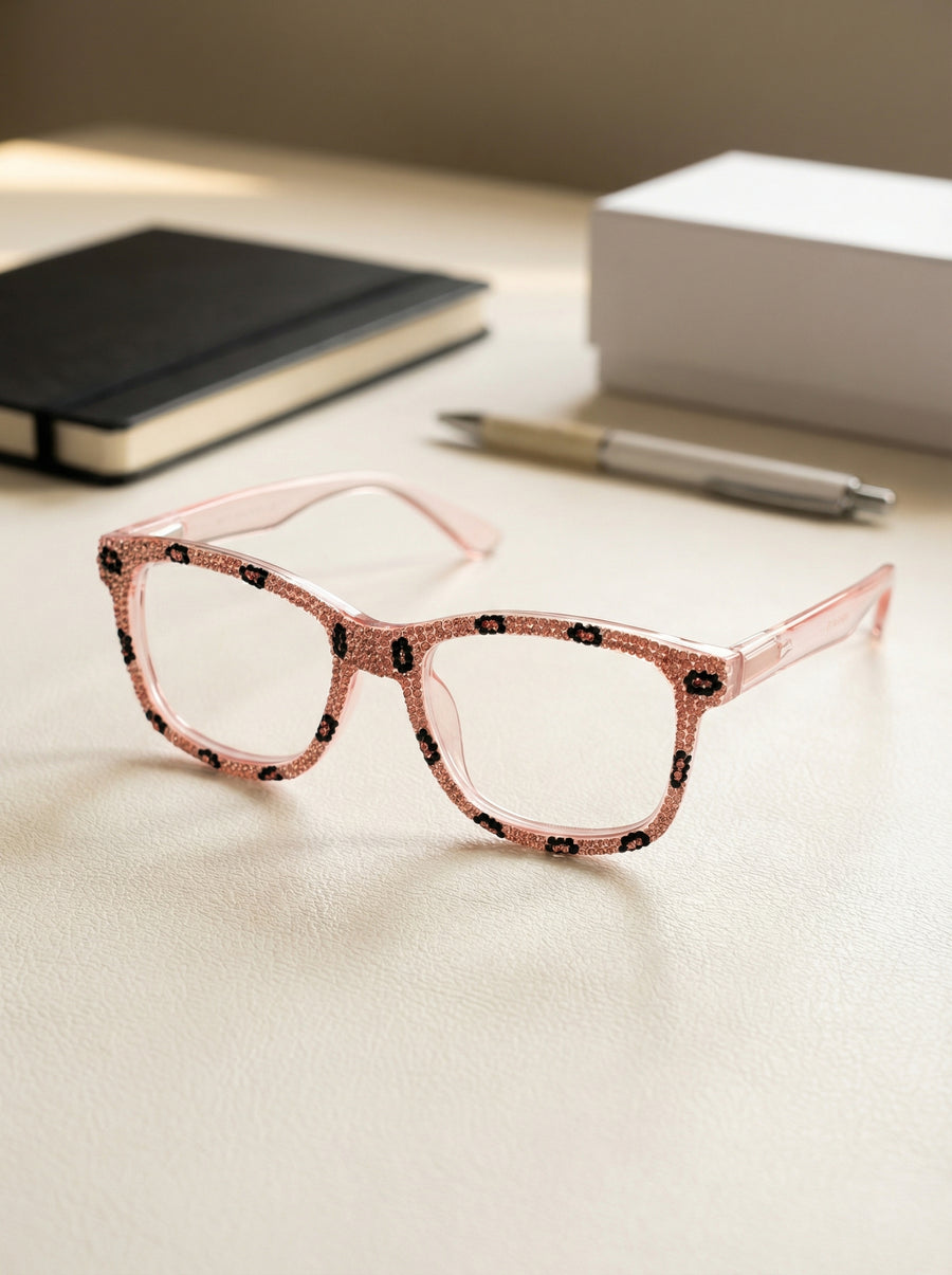Handmade Rhinestone Rectangle Reader Glasses G0559-Pink