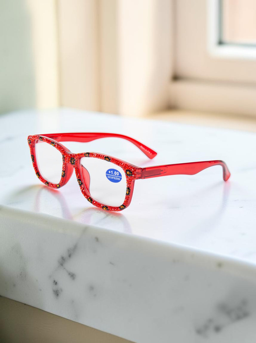 Handmade Rhinestone Rectangle Reader Glasses G0559-Red