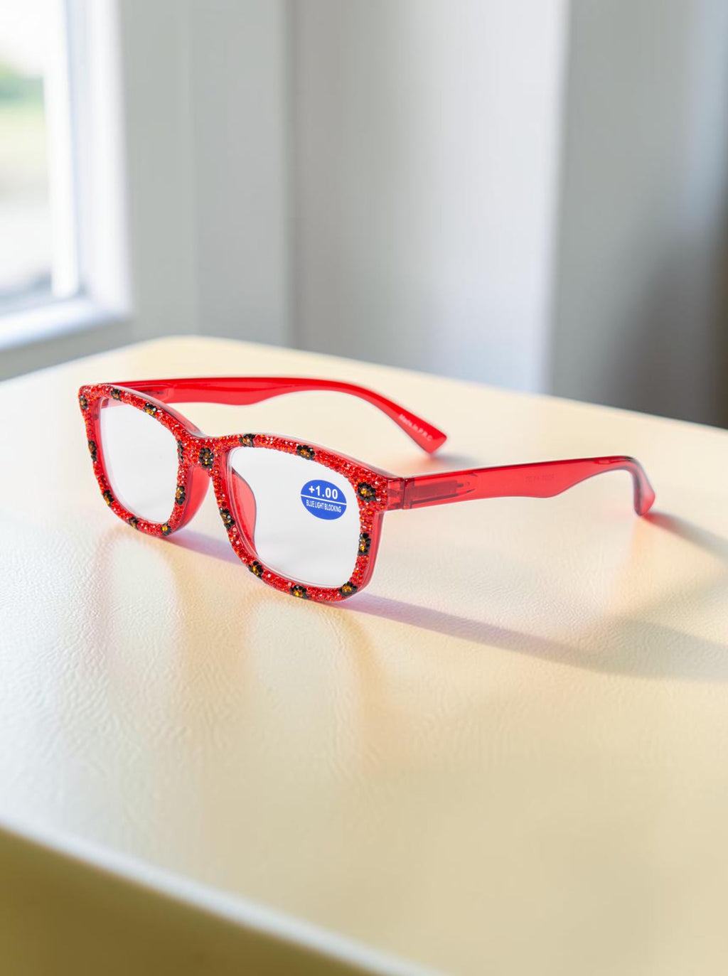 Handmade Rhinestone Rectangle Reader Glasses G0559-Red
