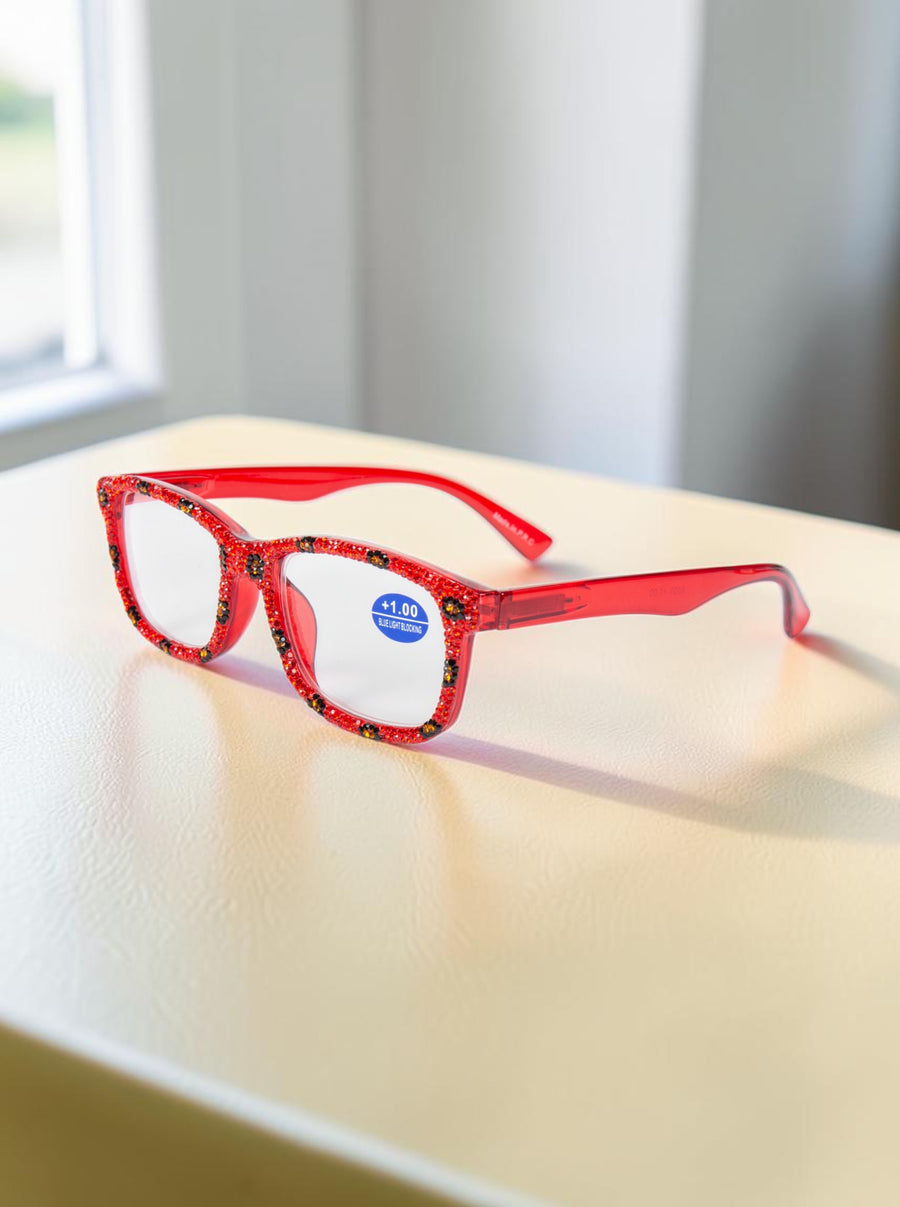 Handmade Rhinestone Rectangle Reader Glasses G0559-Red