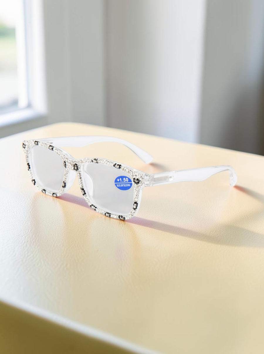 Handmade Rhinestone Rectangle Reader Glasses G0559-White
