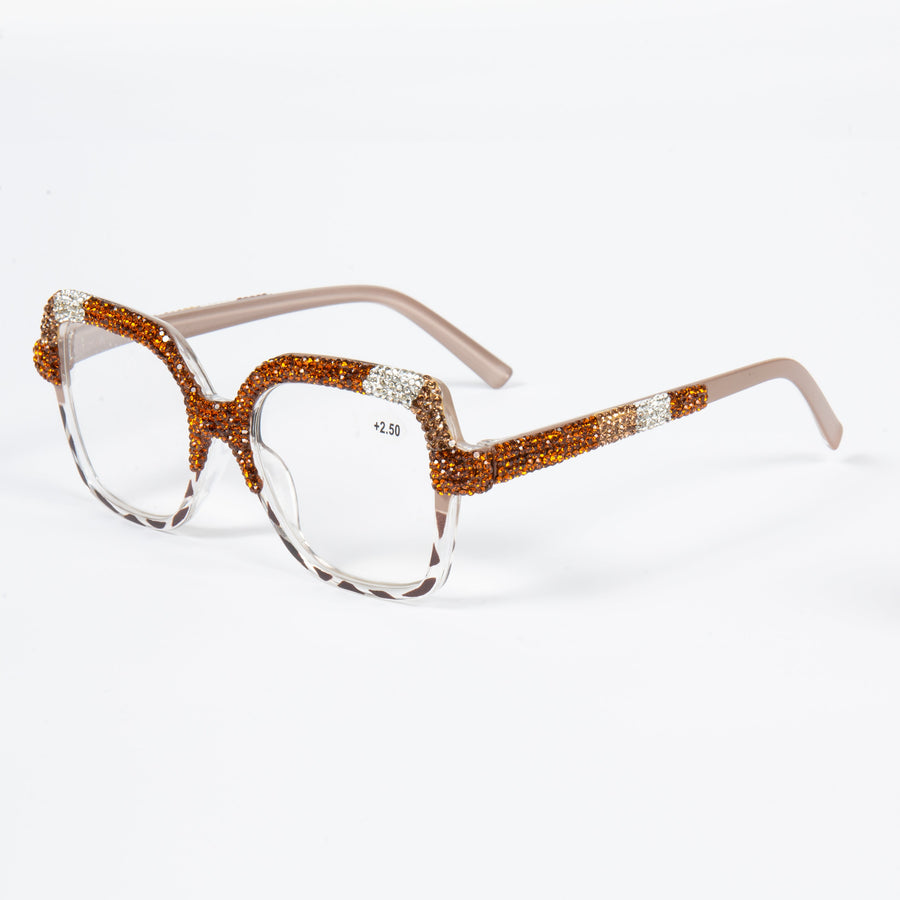 Handmade Rhinestone Rectangle Reader Glasses G0560-Brown