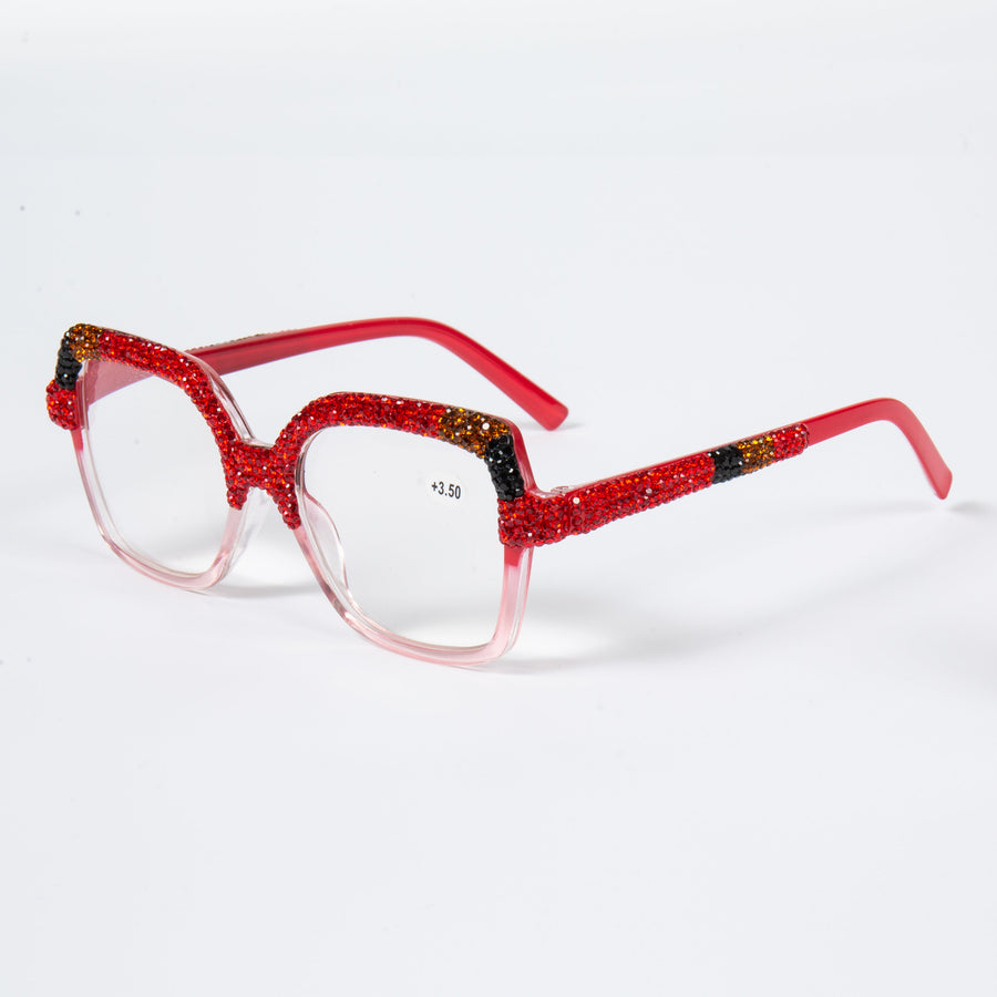 Handmade Rhinestone Rectangle Reader Glasses G0560-Red
