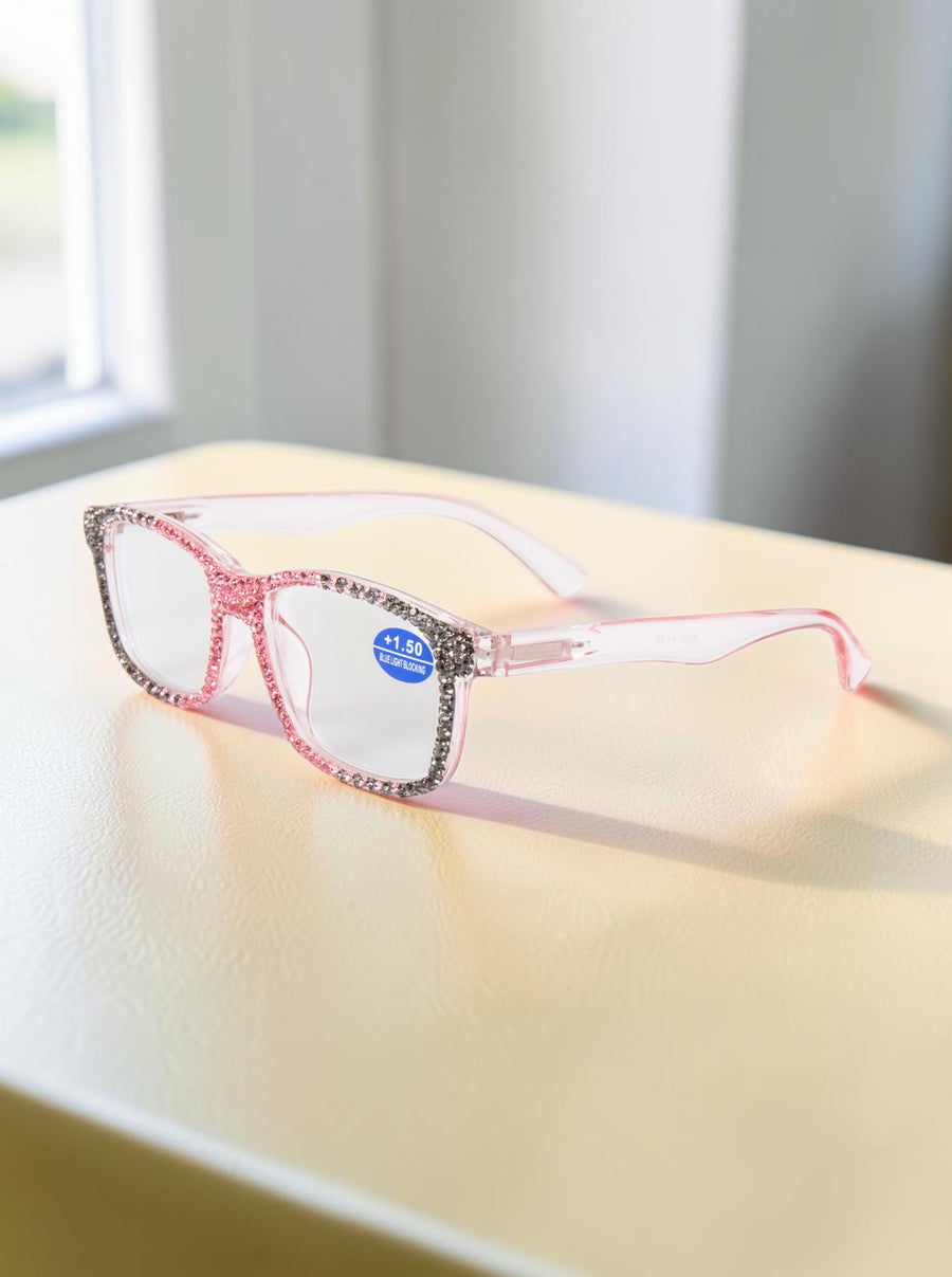 Handmade Rhinestone Rectangle Reader Glasses G0570-Rose Red