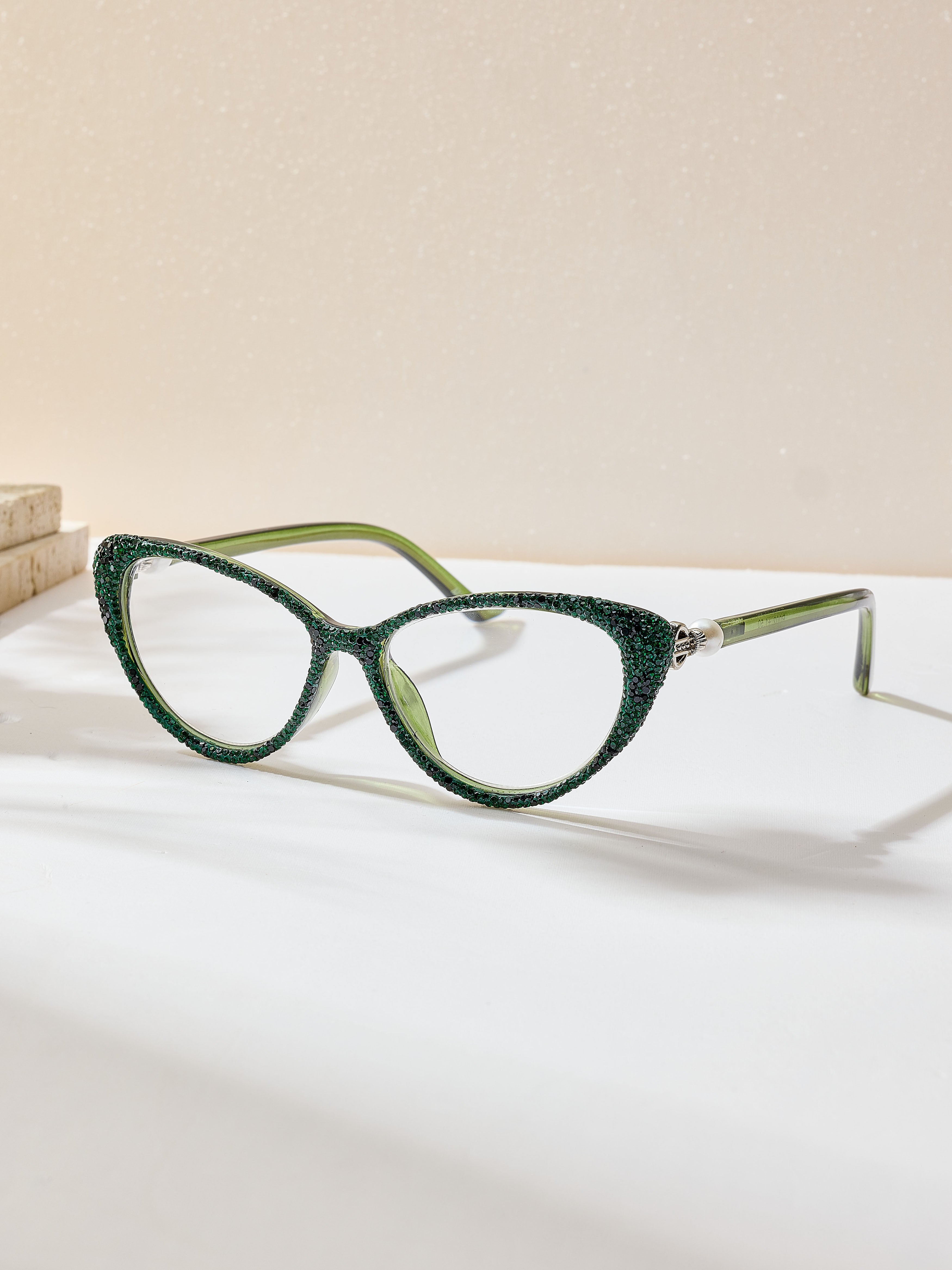 Handmade Rhinestone Cat Eye Reader Glasses G0573-Green