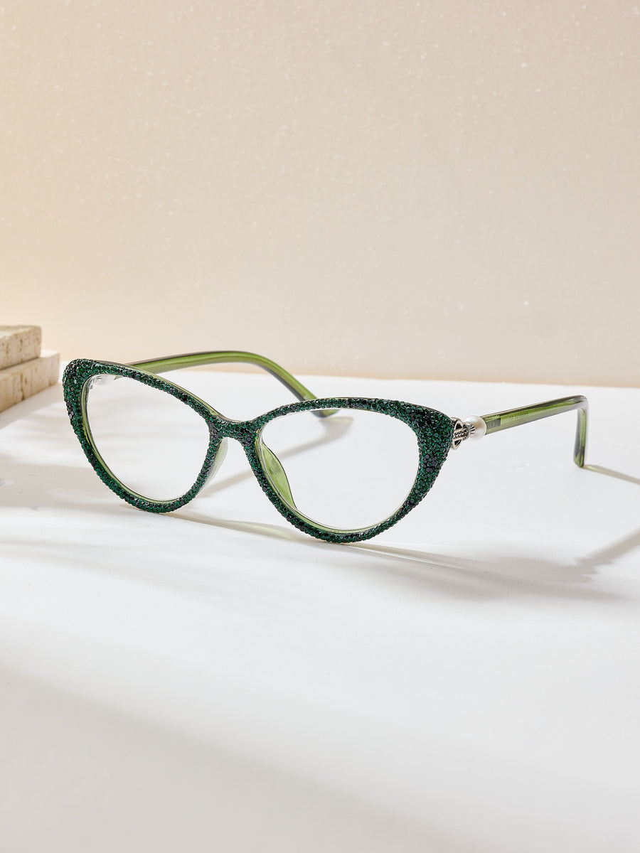 Handmade Rhinestone Cat-Eye Reader Glasses G0573-Green