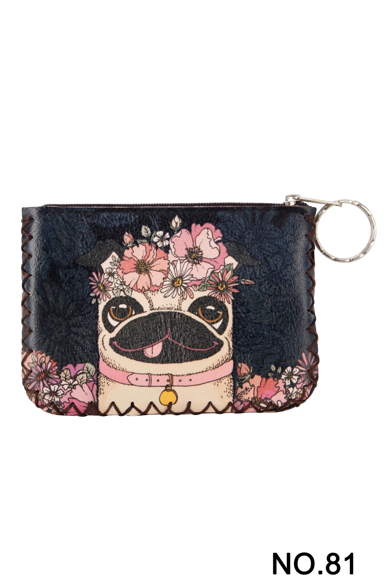 Floral Pug Print Hand Stitch Coin Purse HB0665 - NO.81