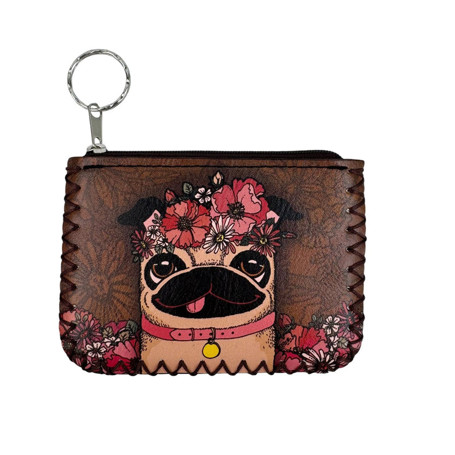 Floral Pug Print Hand-Stitched Coin Purse HB0665 - No. 81