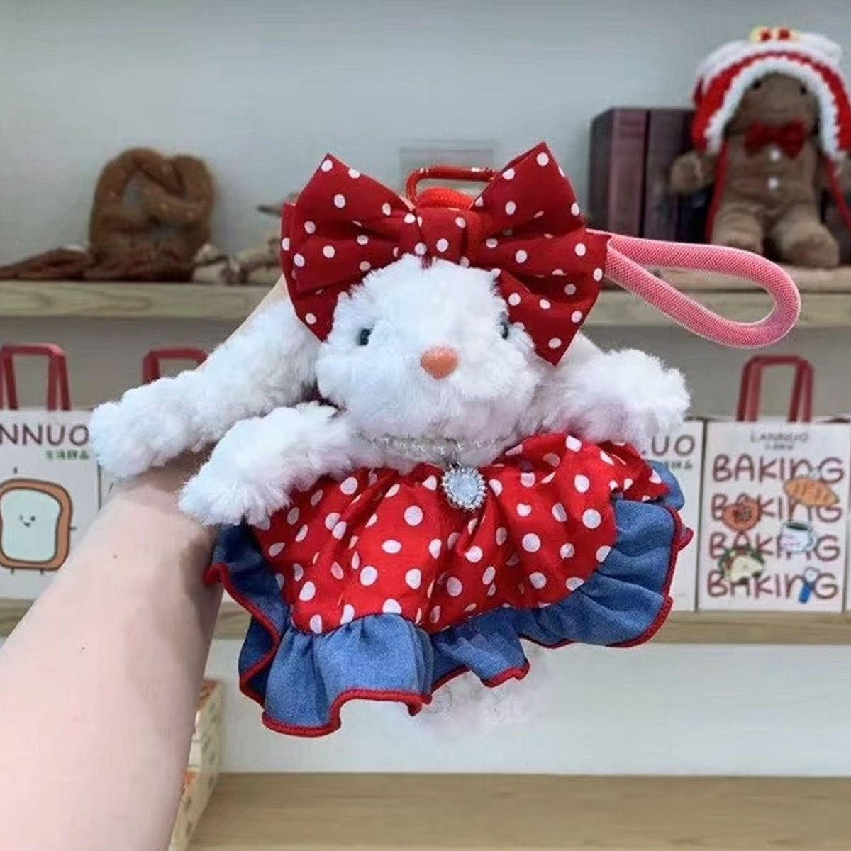 Denim Red Polka Dot Skirt Bunny Keychain K1352 - view 2