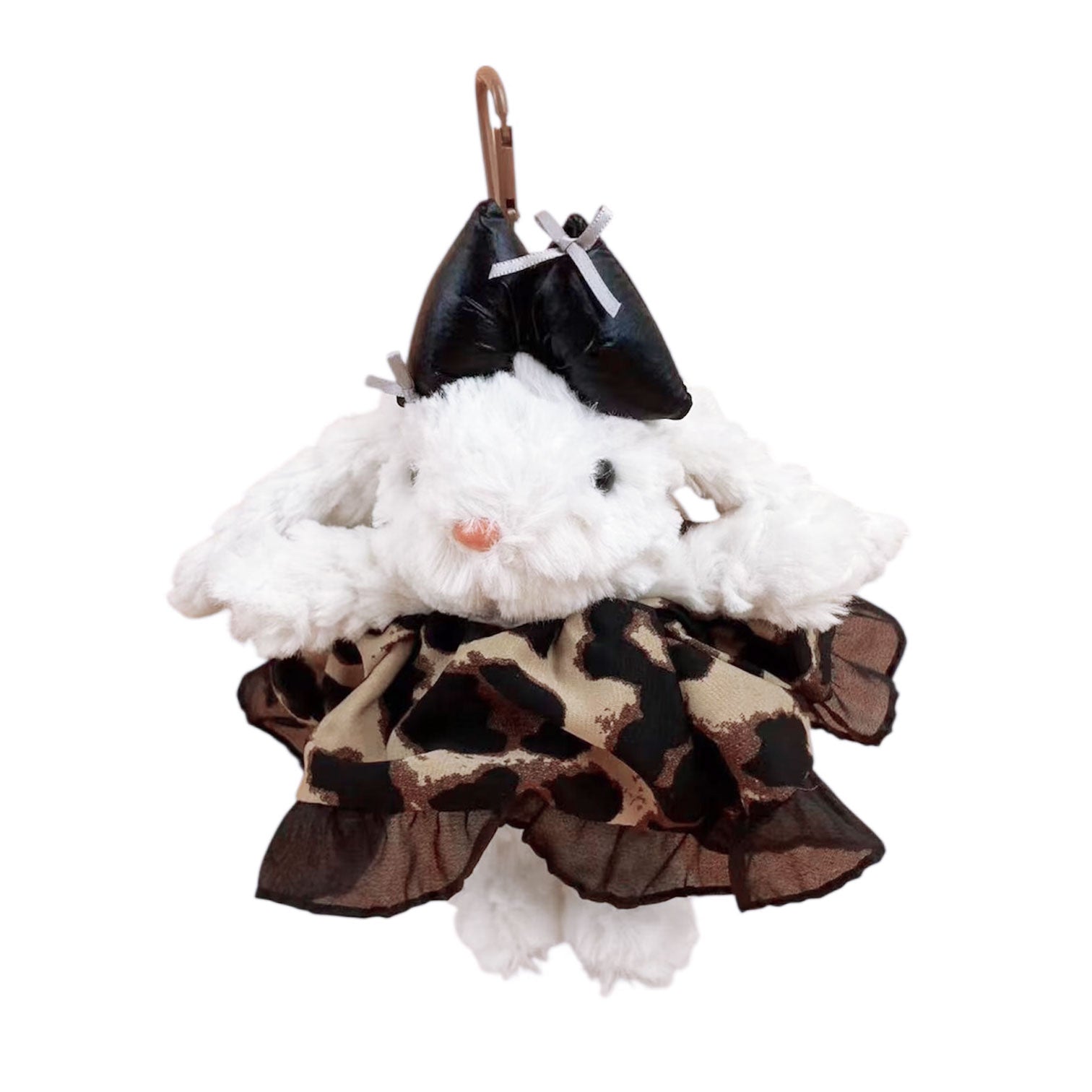 Lace-Trimmed Leopard Print Rabbit Plush Keychain K1353