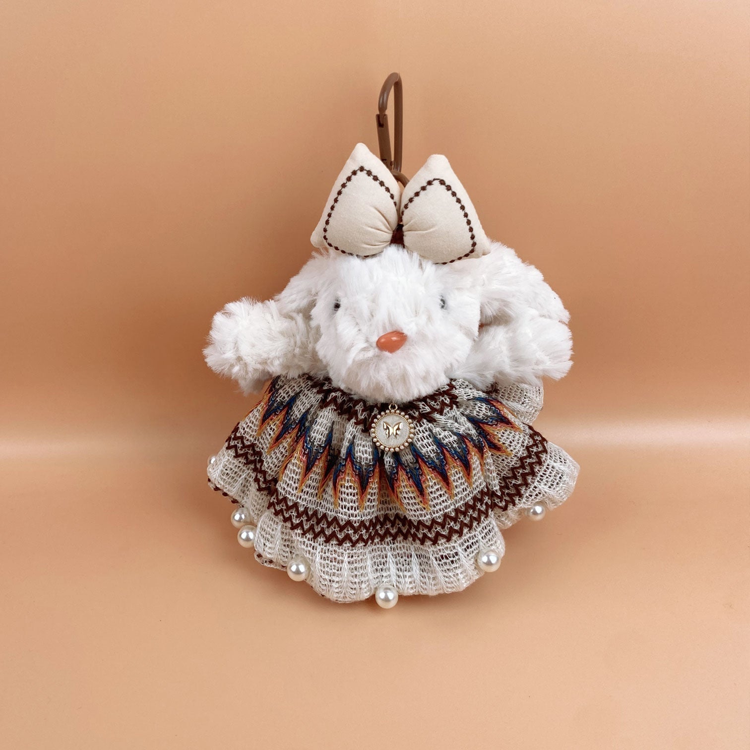 Beige Dress With Rabbit Plush Keychain K1354