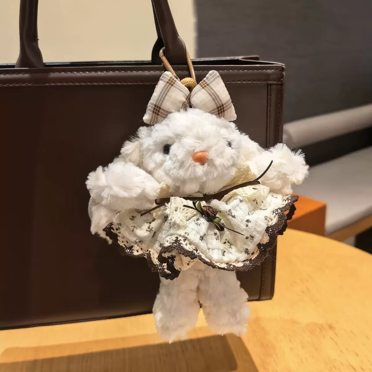 Brown Floral Dress With Rabbit Plush Keychain K1358