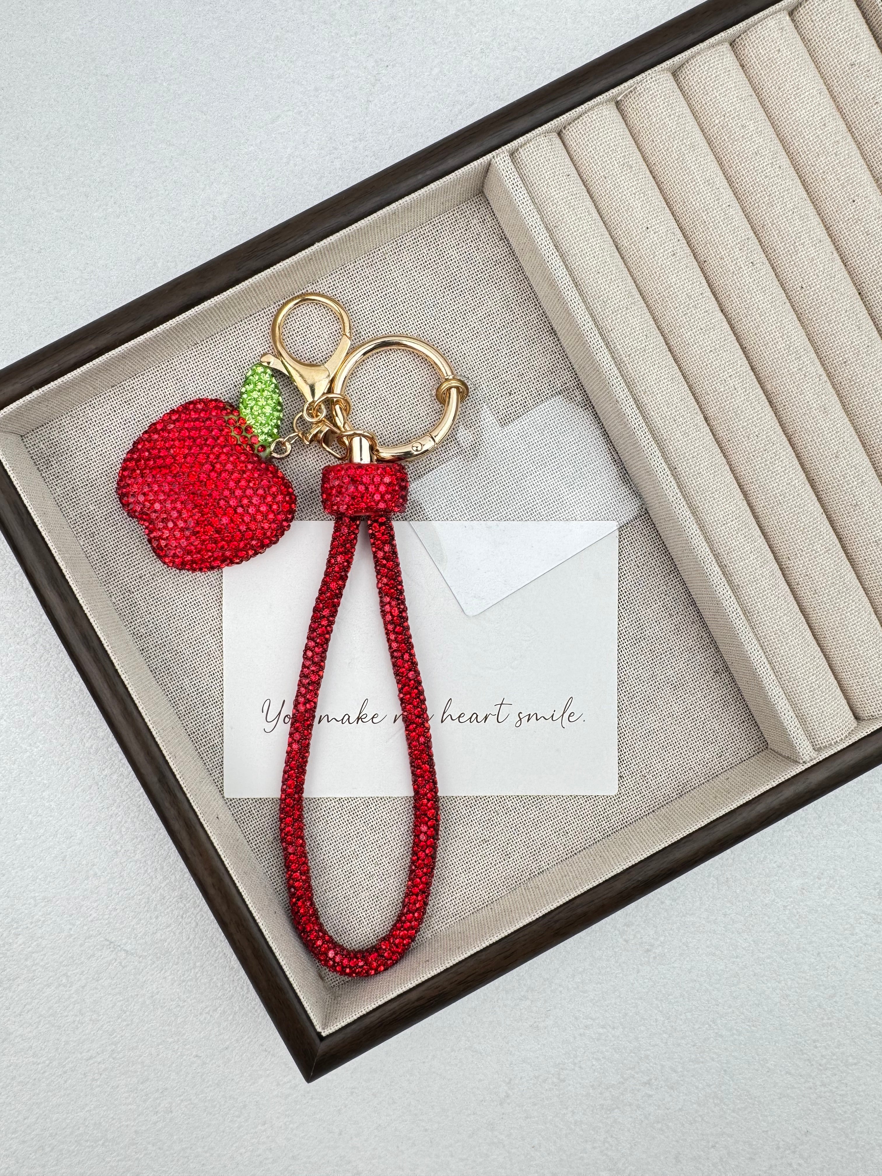 Apple Rhinestone Alloy Keychain Wristlet K1408