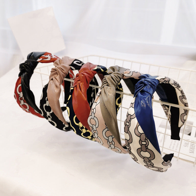 Pu Leather Fabric Chains Printed Headband L2671