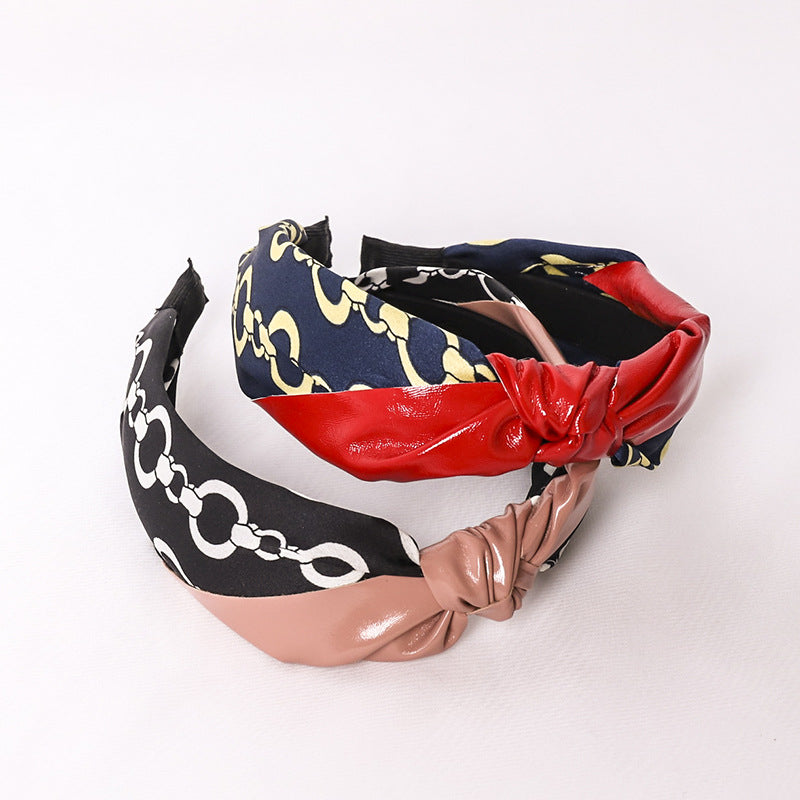 Pu Leather Fabric Chains Printed Headband L2671