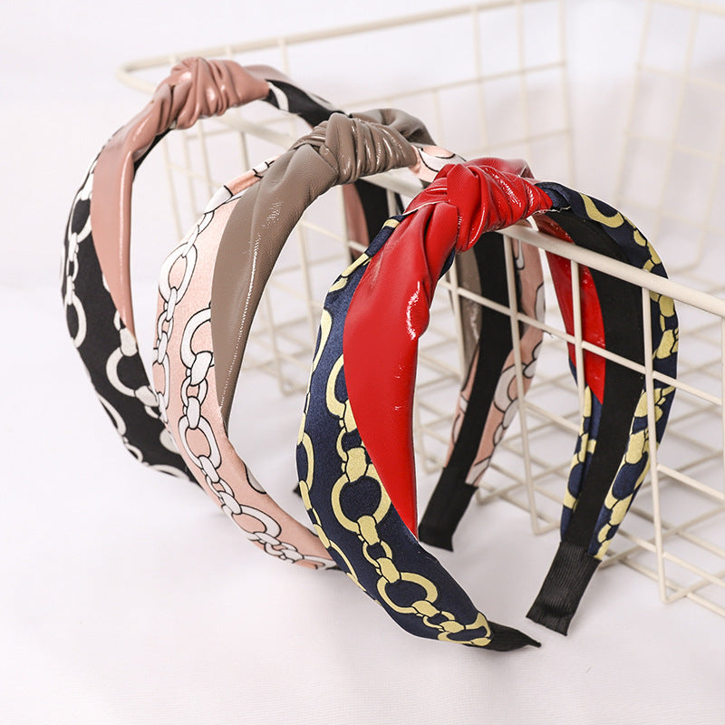 Pu Leather Fabric Chains Printed Headband L2671