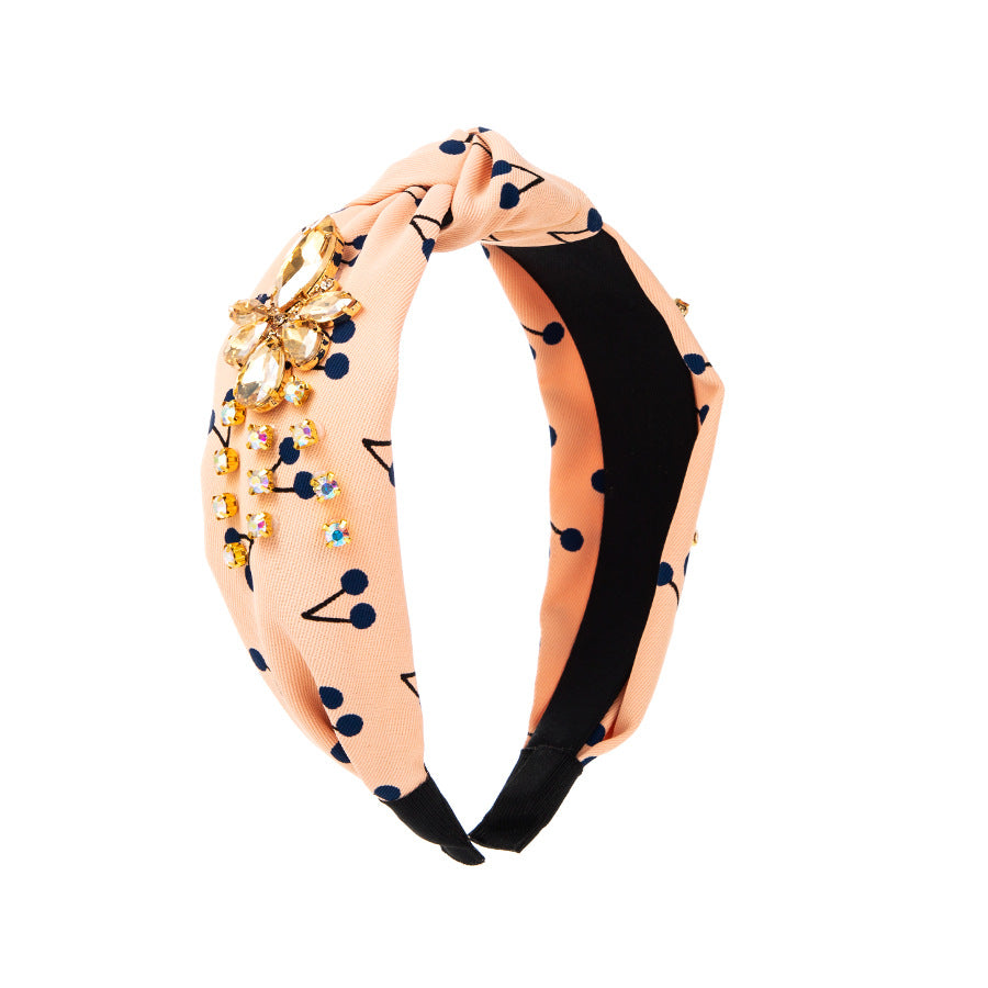 Rhinestone Cherry Printed Fabric Headband L4391