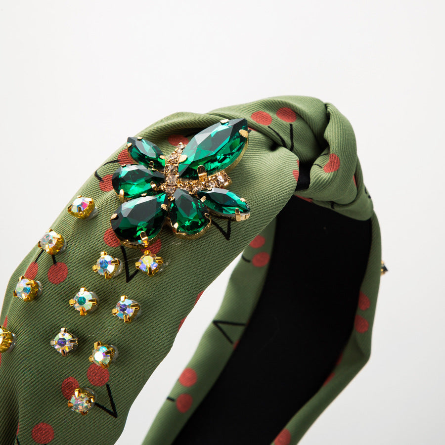 Rhinestone Cherry Printed Fabric Headband L4391