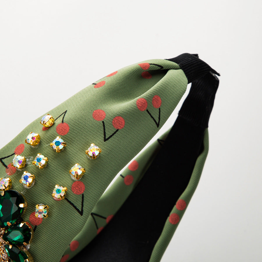 Rhinestone Cherry Printed Fabric Headband L4391