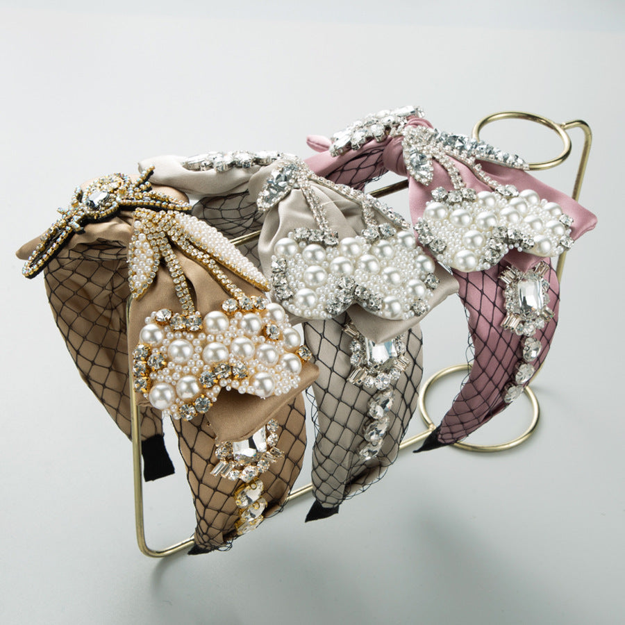 Bow Rhinestone Pearl Mesh Headband L4396