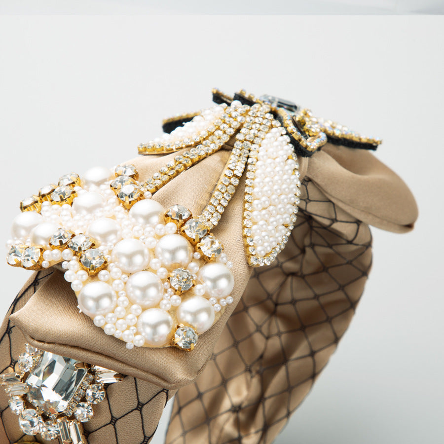 Bow Rhinestone Pearl Mesh Headband L4396