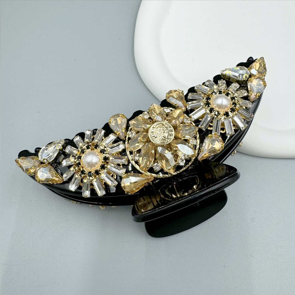Floral Rhinestone Semicircle Acrylic Hair Clip L4759