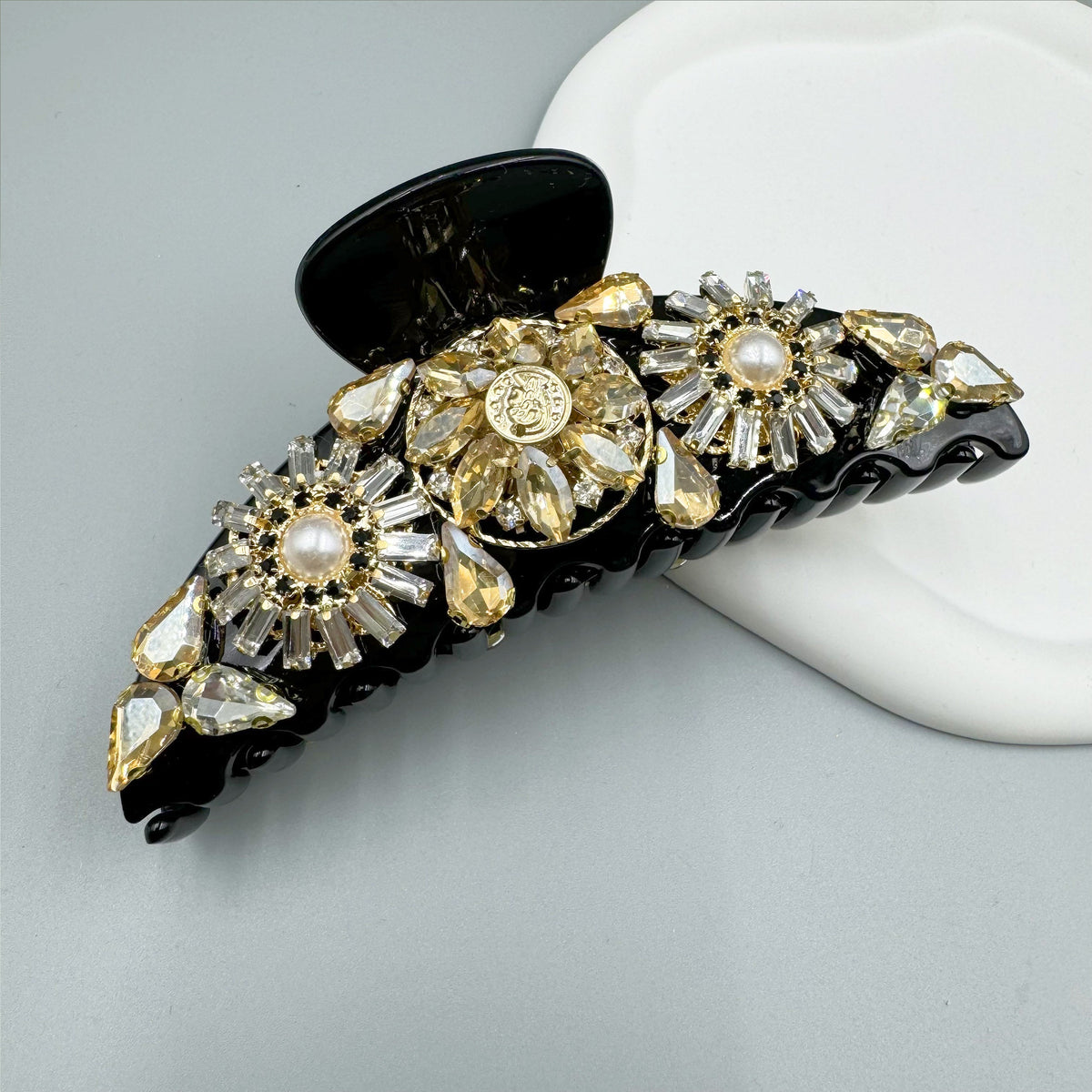 Floral Rhinestone Semicircle Acrylic Hair Clip L4759