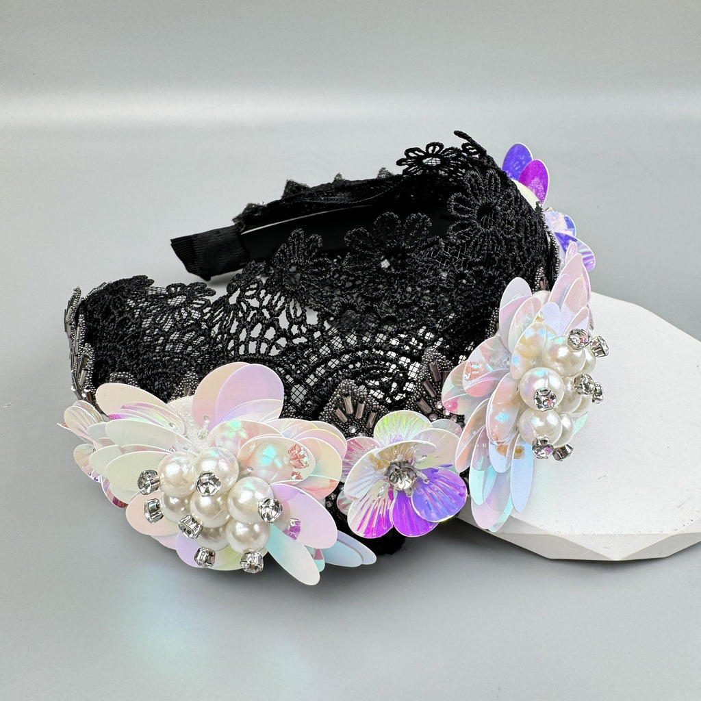Baroque Pearl Floral Beads Chain Fabric Headband L4881