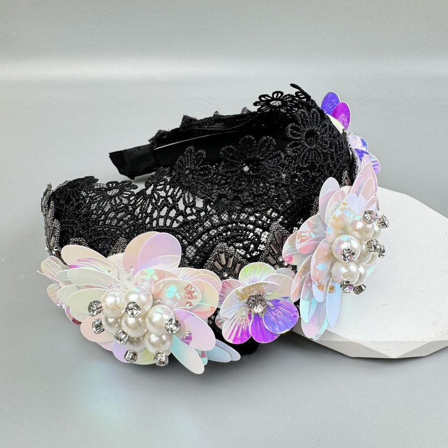 Baroque Pearl Floral Beads Chain Fabric Headband L4881