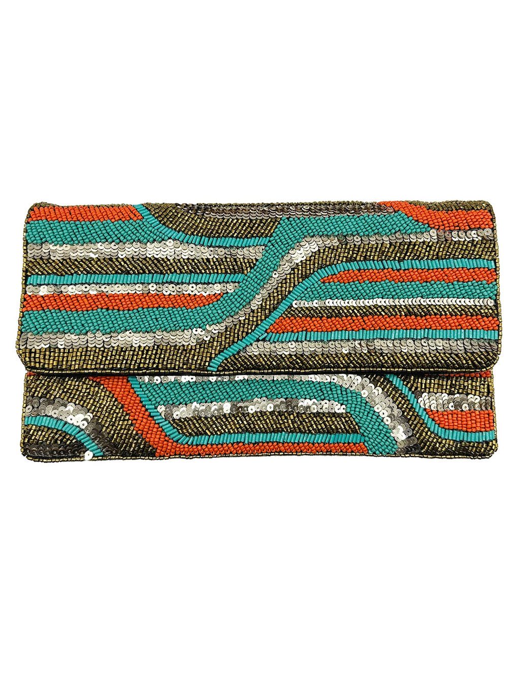 Coral & Turquoise Beaded Sequined Clutch LAC-SS-824