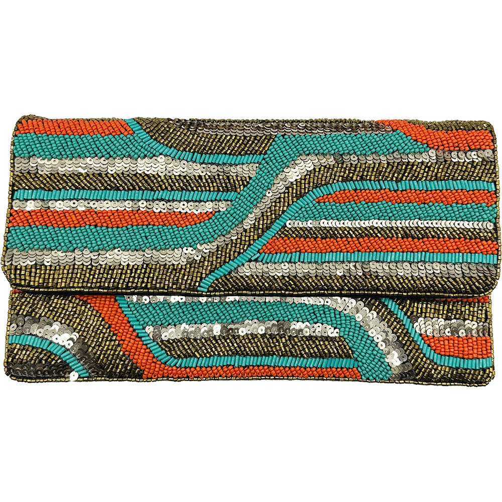 Coral & Turquoise Beaded Sequined Clutch LAC-SS-824
